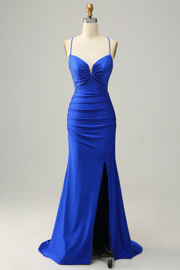 Sirena Tirantes de Espagueti Azul Real Vestido de Fiesta Con Cuentas